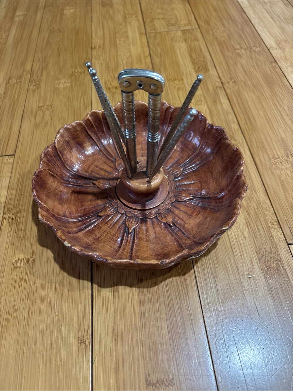 Vintage 1970’s Sunflower Patterned Nut Bowl with Nutcracker and 4 Nut Picks